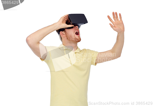 Image of happy man in virtual reality headset or 3d glasses