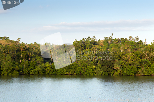 Image of view to lake or river from land hills on Sri Lanka