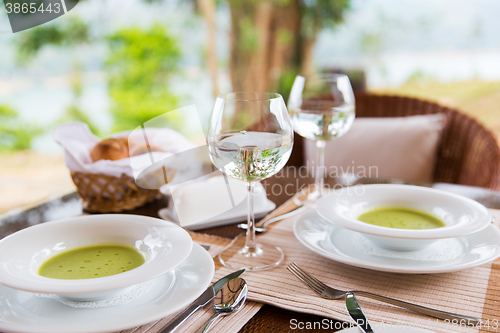 Image of close up of soup and water glasses at restaurant