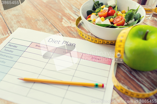 Image of close up of diet plan and food on table