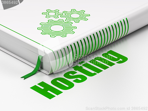 Image of Web development concept: book Gears, Hosting on white background