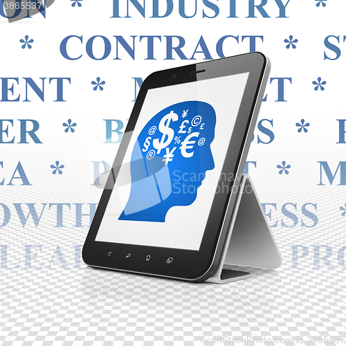 Image of Finance concept: Tablet Computer with Head With Finance Symbol on display