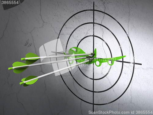 Image of Travel concept: arrows in Airplane target on wall background