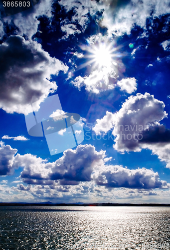 Image of Sunset over beautiful lake