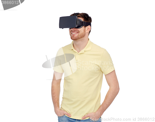 Image of happy man in virtual reality headset or 3d glasses