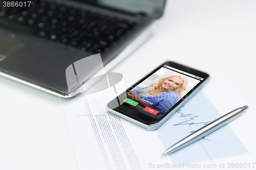 Image of close up of smartphone incoming call on screen