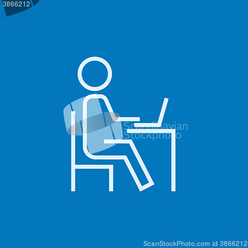 Image of Student sitting on chair in front of laptop line icon.