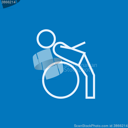 Image of Man doing exercises lying on gym ball line icon.