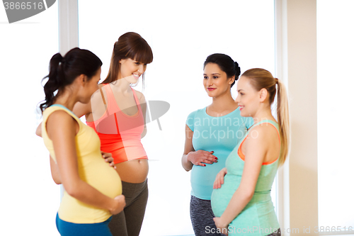 Image of group of happy pregnant women talking in gym