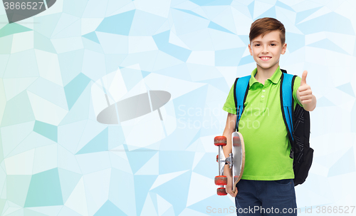 Image of boy with backpack and skateboard showing thumbs up