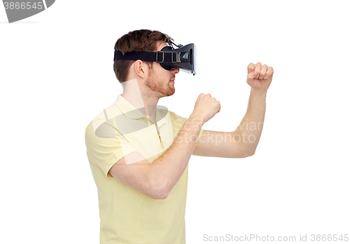 Image of man in virtual reality headset or 3d glasses