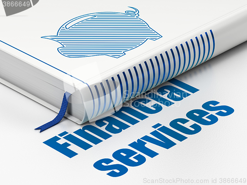 Image of Currency concept: book Money Box, Financial Services on white background
