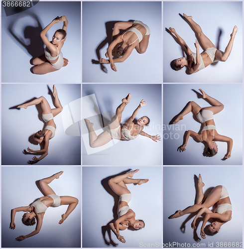 Image of The collage from images of young beautiful dancer in beige swimwear 