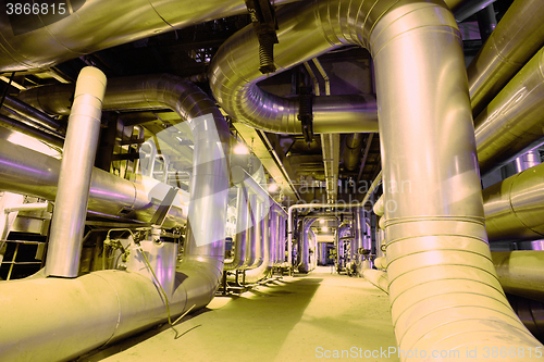 Image of Industrial zone, Steel pipelines, valves, cables and walkways