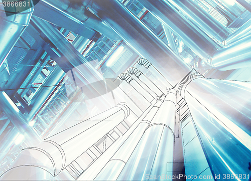 Image of wireframe computer cad design of pipelines for modern industrial