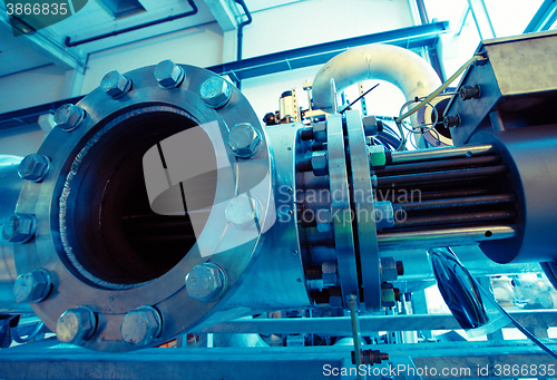 Image of different size and shaped pipes and valves at a power plant 