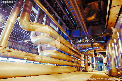 Image of Industrial zone, Steel pipelines, valves, cables and walkways