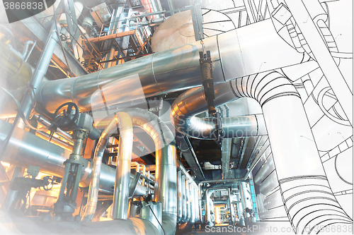 Image of wireframe computer cad design of pipelines for modern industrial