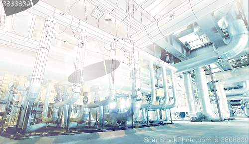 Image of Wire-frame industrial equipment mixes with photo