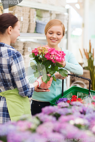 Image of happy women choosing flowers in greenhouse