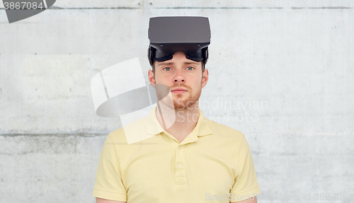 Image of man in virtual reality headset or 3d glasses