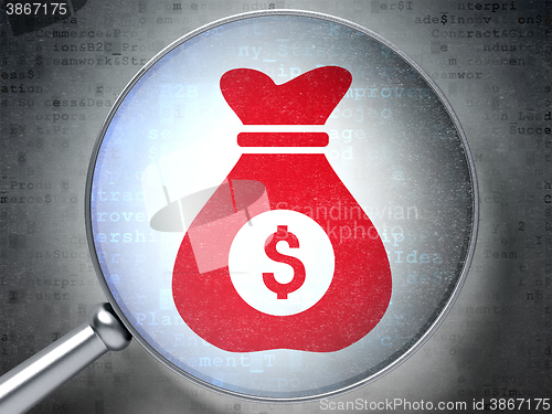 Image of Business concept: Money Bag with optical glass on digital background