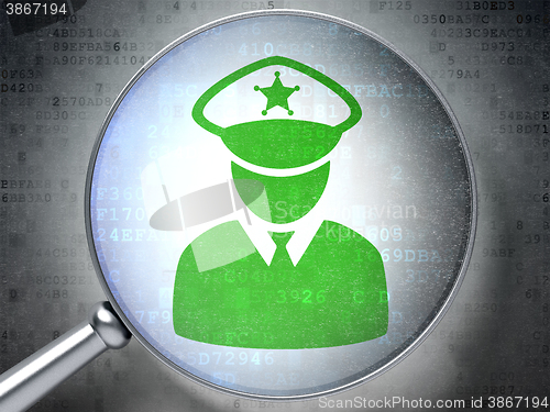 Image of Protection concept: Police with optical glass on digital background