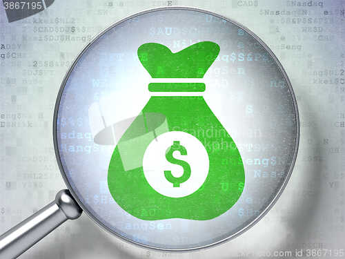 Image of Business concept: Money Bag with optical glass on digital background