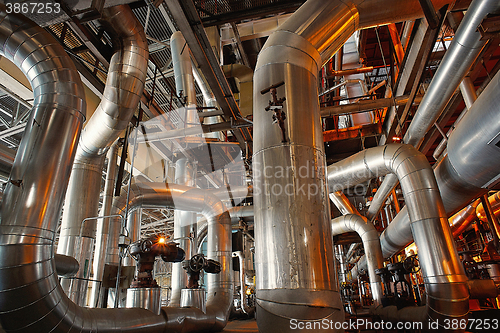 Image of Industrial zone, Steel pipelines in blue tones  