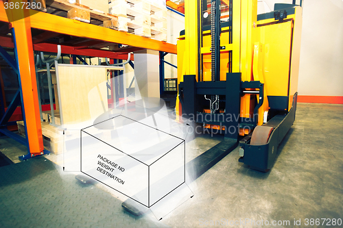 Image of Drawing of package box combined with picture of forklift at ware