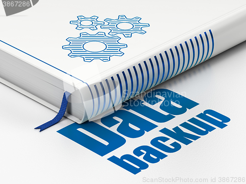 Image of Data concept: book Gears, Data Backup on white background