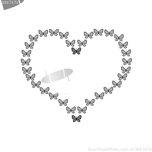 Image of Heart shaped butterfly flight, black butterflies on a white back