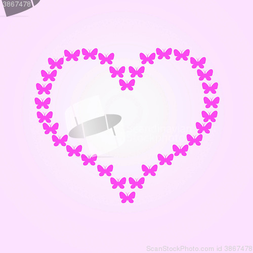 Image of Heart shaped butterfly flight, pink butterflies. Raster illustra