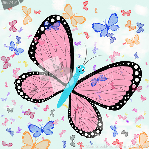 Image of butterflies against a blue sky. Imitation of children's drawings