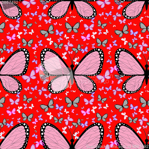 Image of Large pink butterfly surrounded by small multicolored butterflie