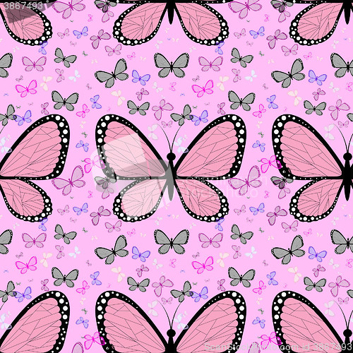 Image of Large pink butterfly surrounded by small multicolored butterflie