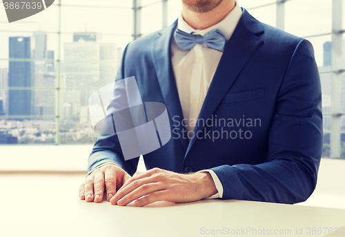 Image of close up of man in suit and bow-tie at table