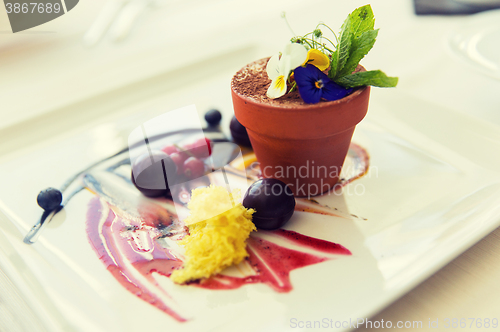 Image of close up of chocolate dessert at restaurant