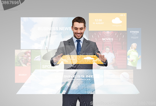 Image of happy businessman with weather forecast app