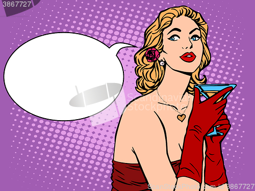 Image of Beautiful woman in red with a drink