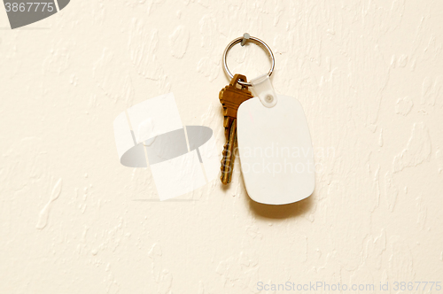 Image of Keyring with key and white fob on wall