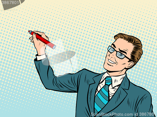 Image of Male business coach draws on background