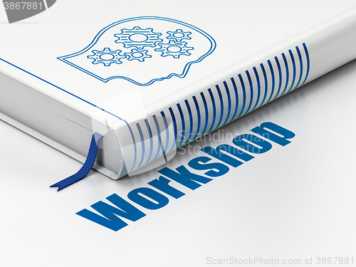 Image of Studying concept: book Head With Gears, Workshop on white background