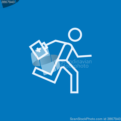 Image of Paramedic running with first aid kit line icon.