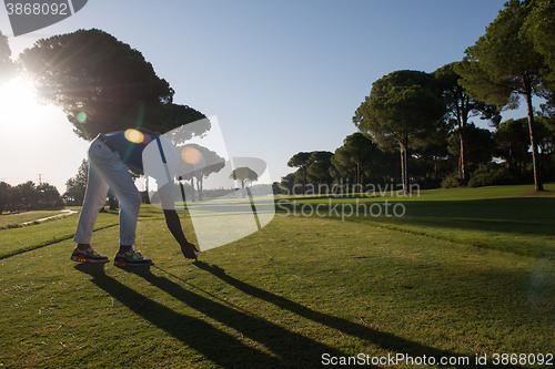 Image of golf player placing ball on tee