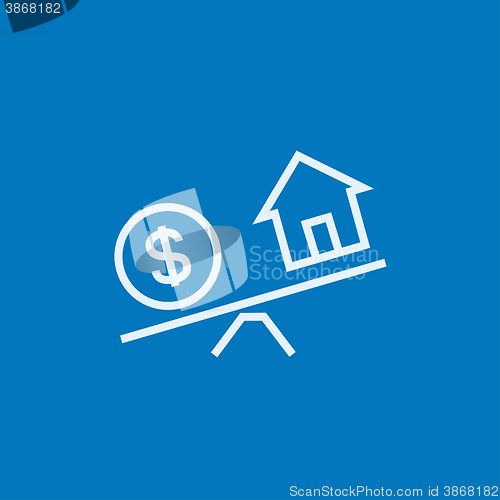 Image of House and dollar symbol on scales line icon.