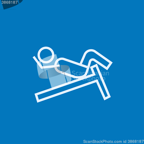 Image of Man doing crunches on incline bench line icon.