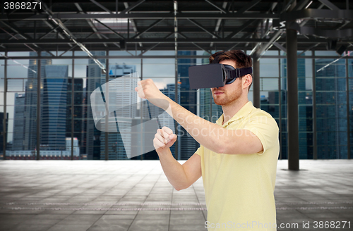 Image of man in virtual reality headset or 3d glasses