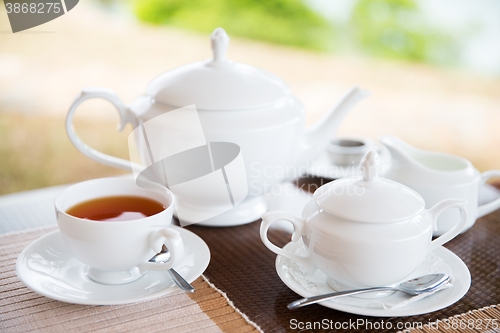 Image of close up of tea service at restaurant or teahouse