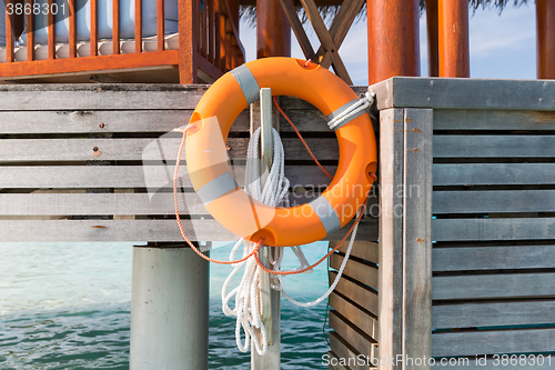 Image of lifebuoy on beach patio or terrace in sea water